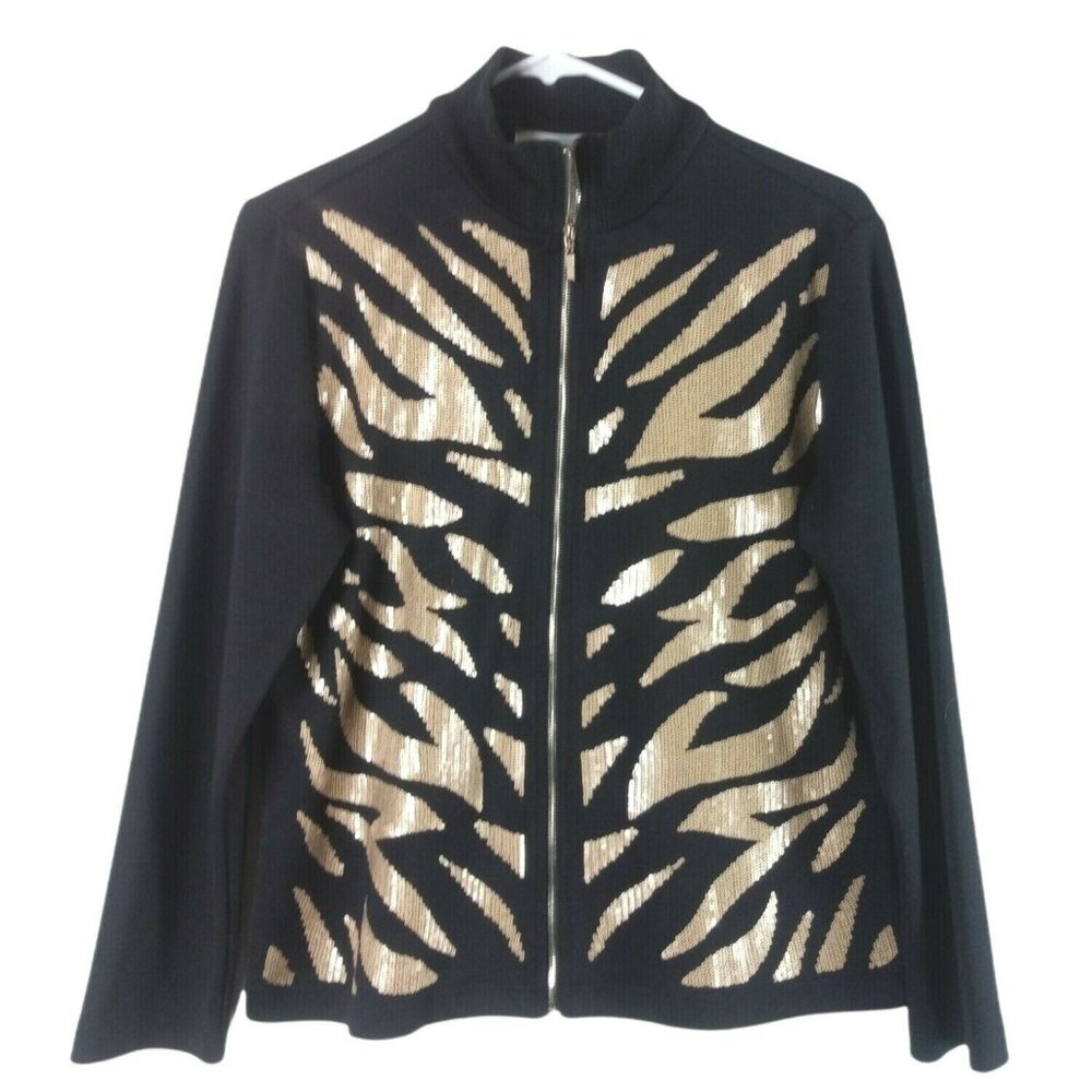 Brownstone Studio Petite S Zip Up Knit Sweater Jacket Gold Sequin Zebra Print